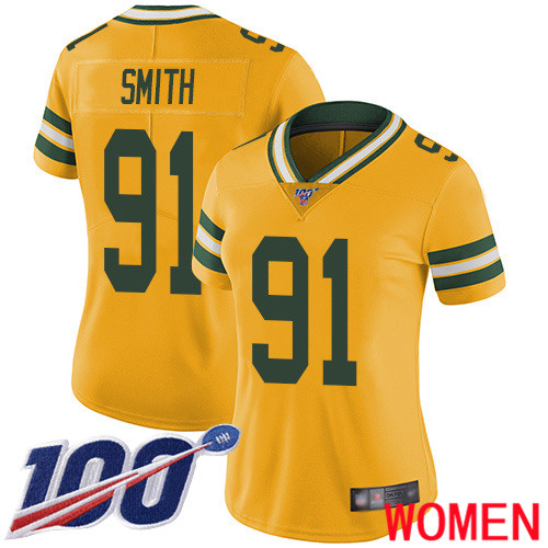 Green Bay Packers Limited Gold Women #91 Smith Preston Jersey Nike NFL 100th Season Rush Vapor Untouchable